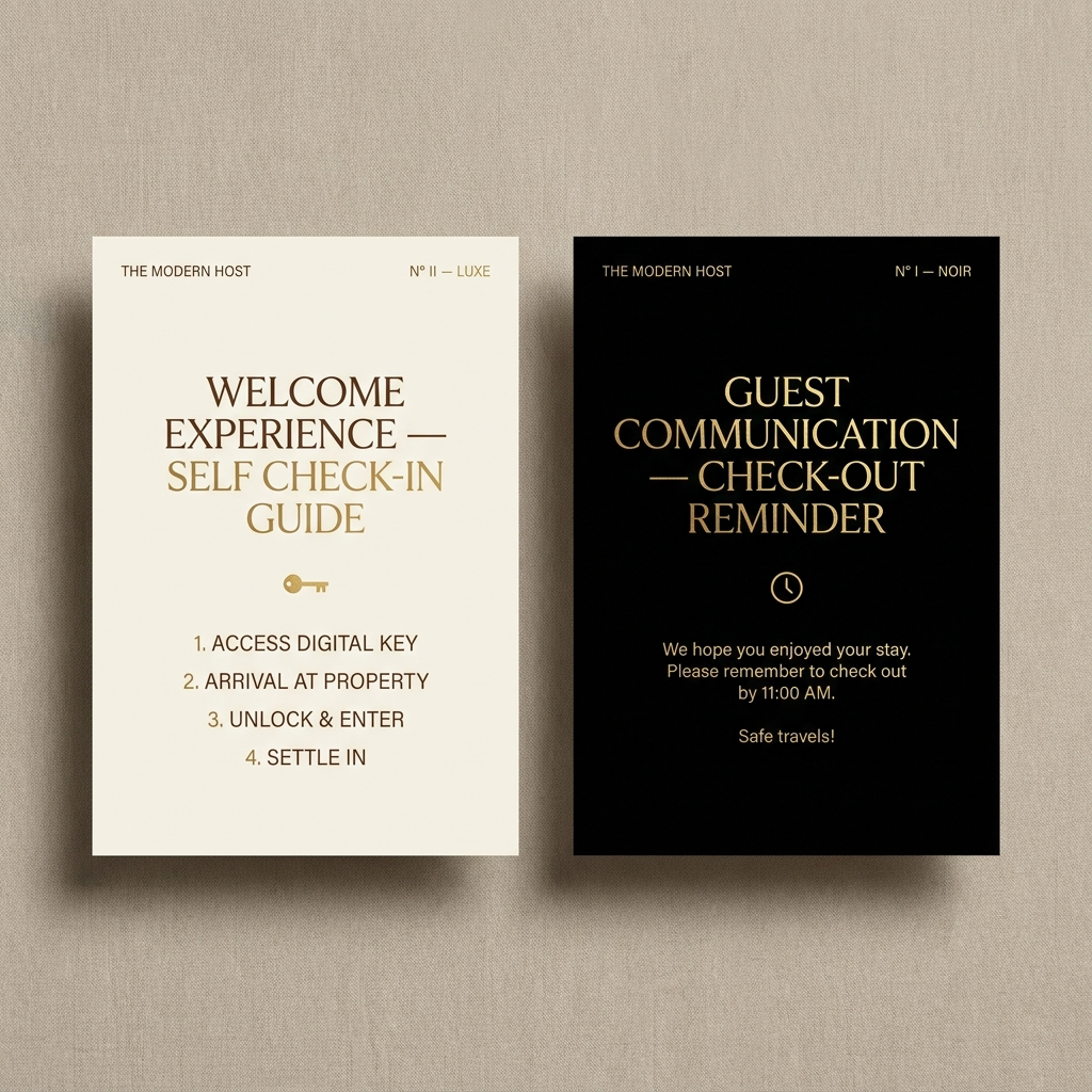 Free sample: Self Check-In Guide (LUXE) and Check-Out Reminder (NOIR) cards from The Modern Host Kit