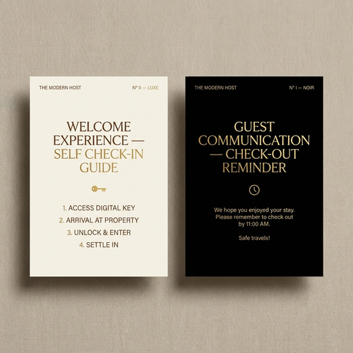 Free sample: Self Check-In Guide (LUXE) and Check-Out Reminder (NOIR) cards from The Modern Host Kit